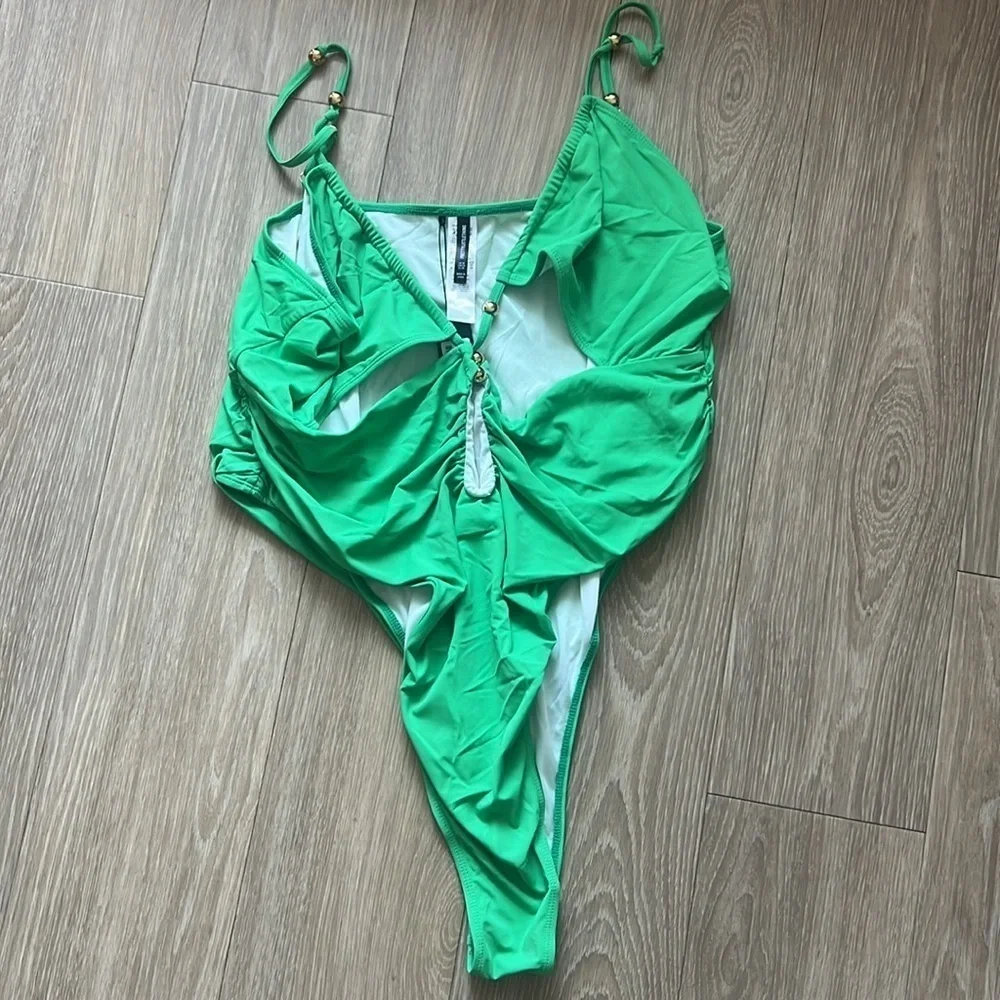 PrettyLittleThing Green Cut-Out One Piece Swimsuit